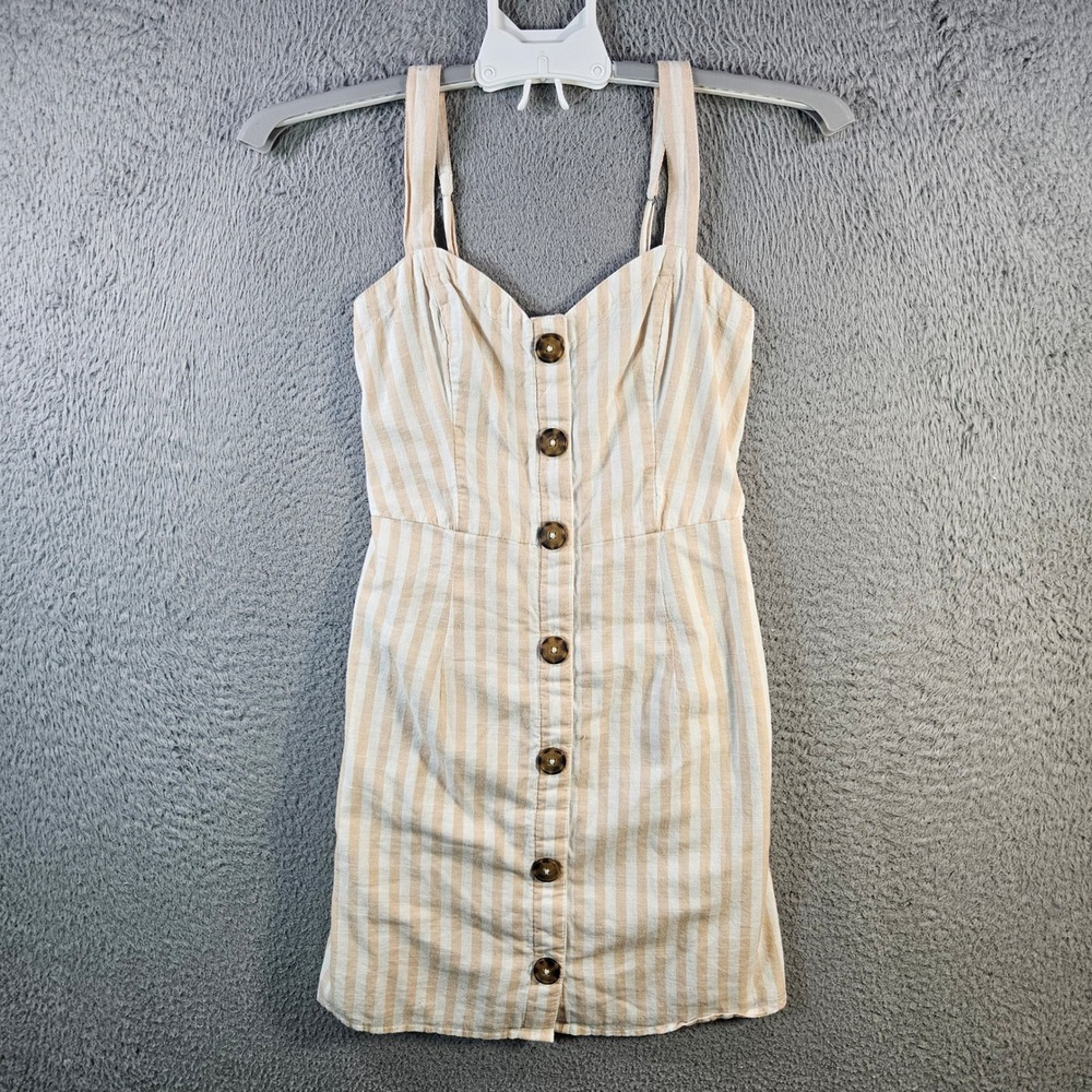 Vintage Y2K Abercrombie Fitch Baby Doll‎ Dress Beige Tan XS Linen Blend